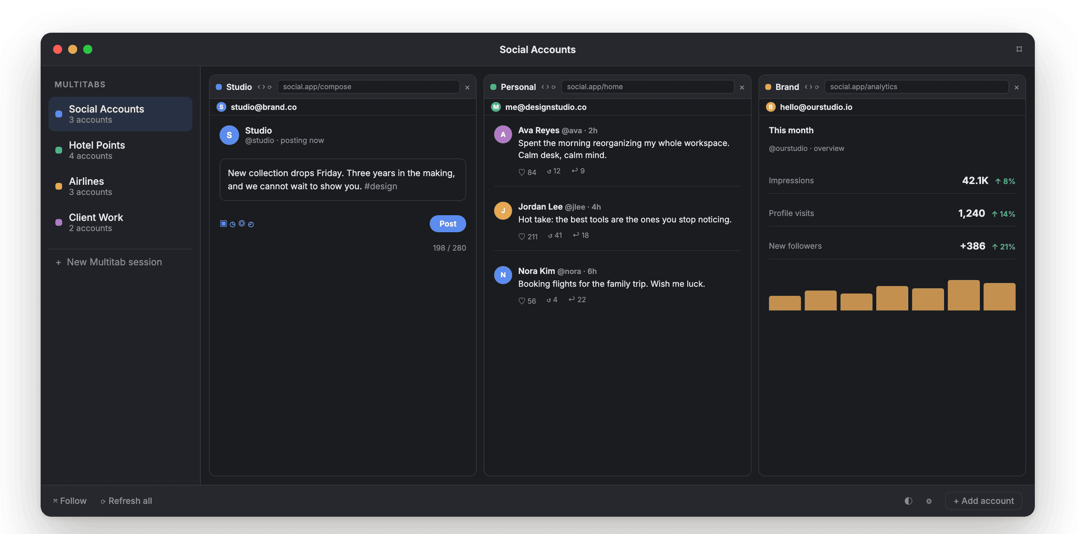 Three accounts of the same website open side by side in Account Gallery, in dark mode.