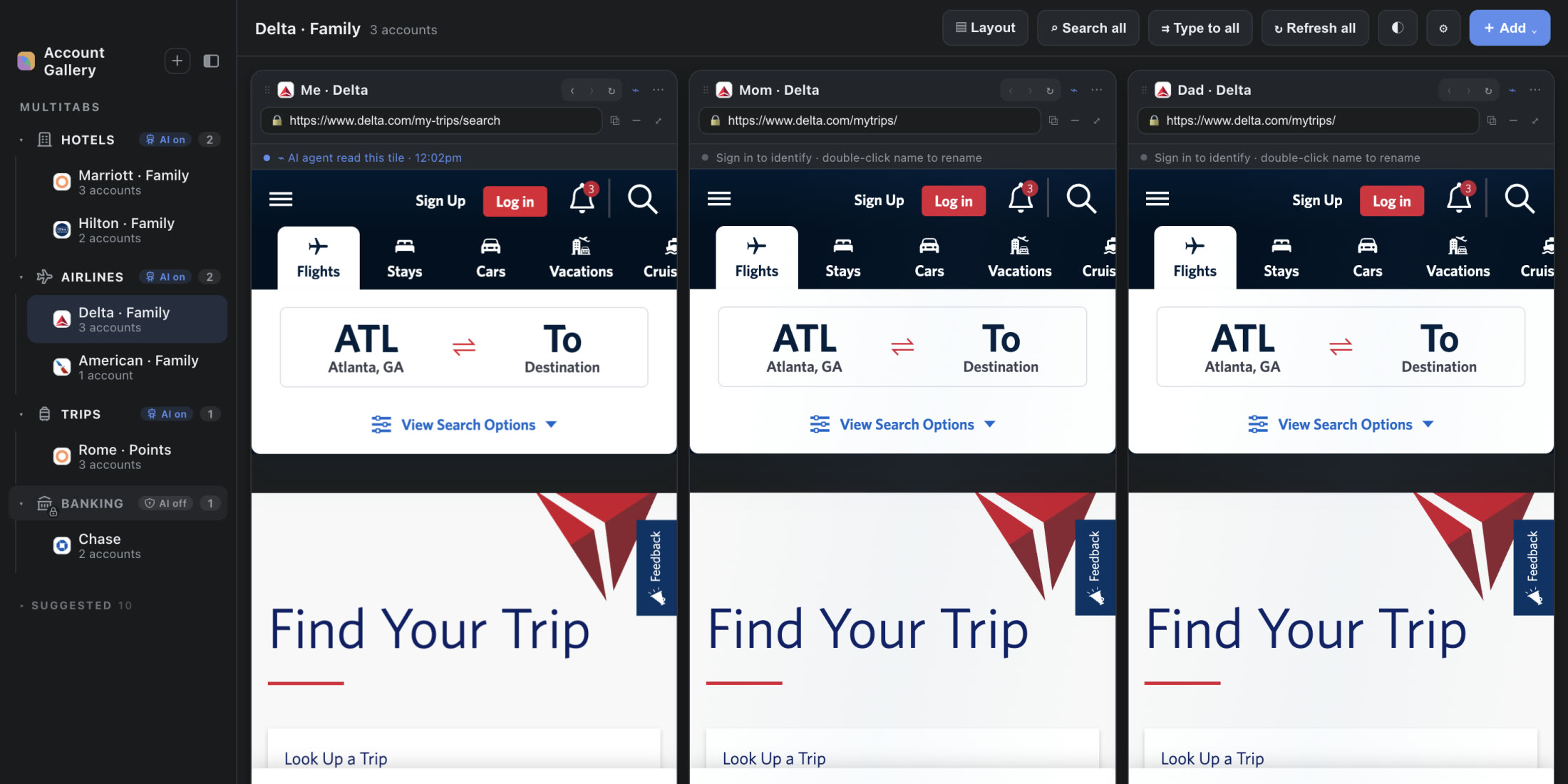 A real Atrium Browser capture, dark mode: three Delta accounts open side by side.