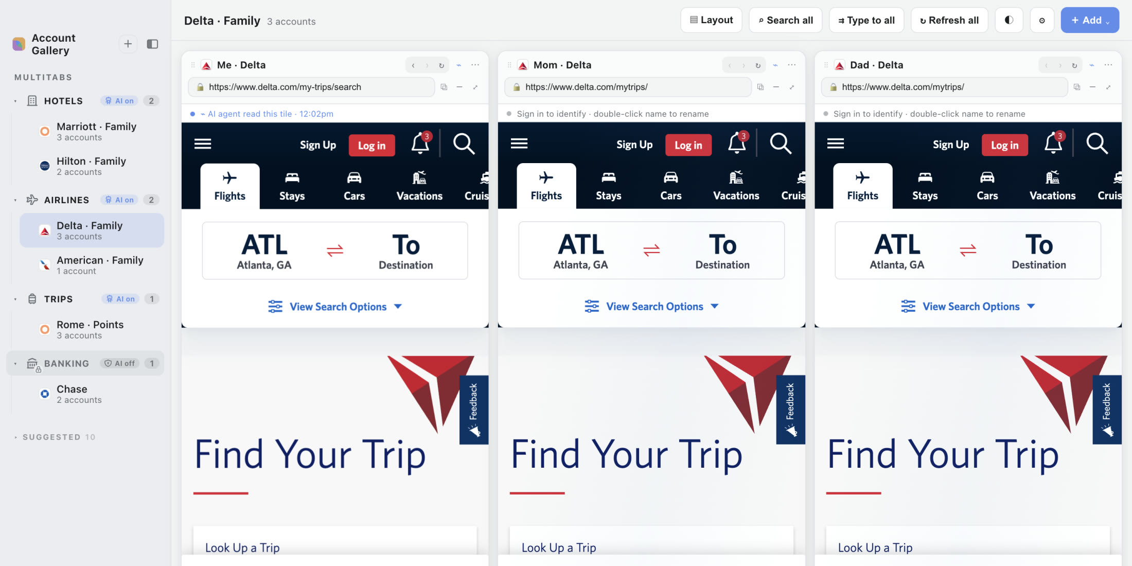A real Atrium Browser capture: three Delta accounts open side by side on Delta.com.