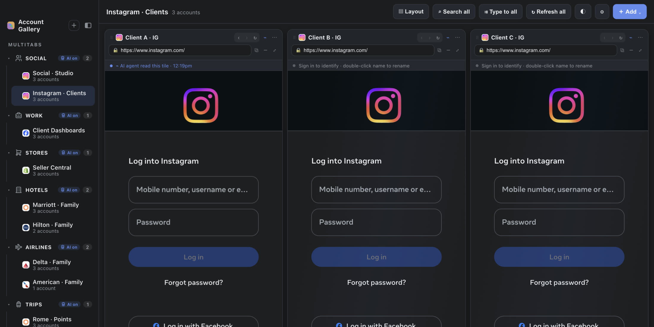 A real Atrium Browser capture, dark mode: three client Instagram accounts open side by side.