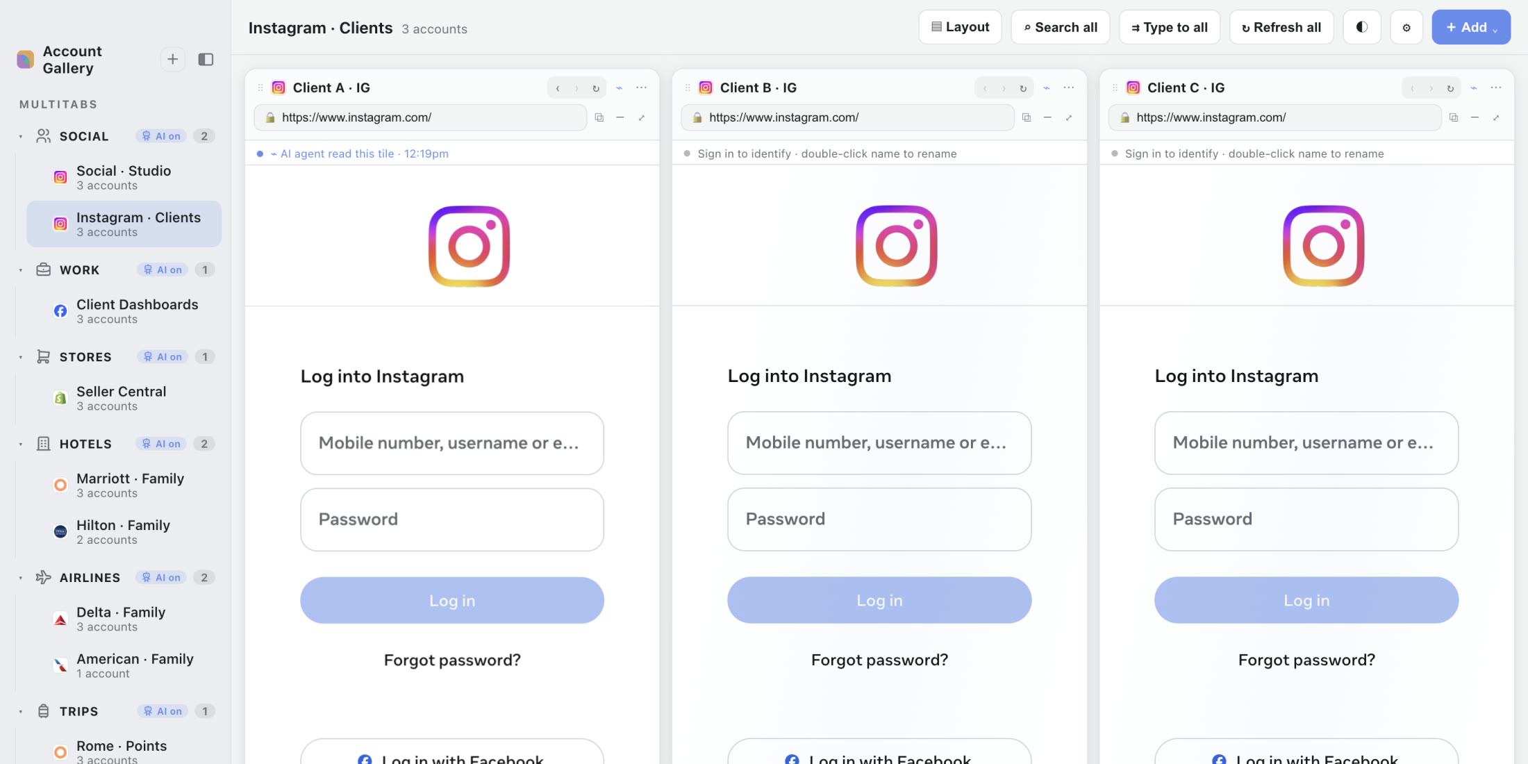 A real Atrium Browser capture: three separate client Instagram accounts open side by side, each its own signed-in tile.