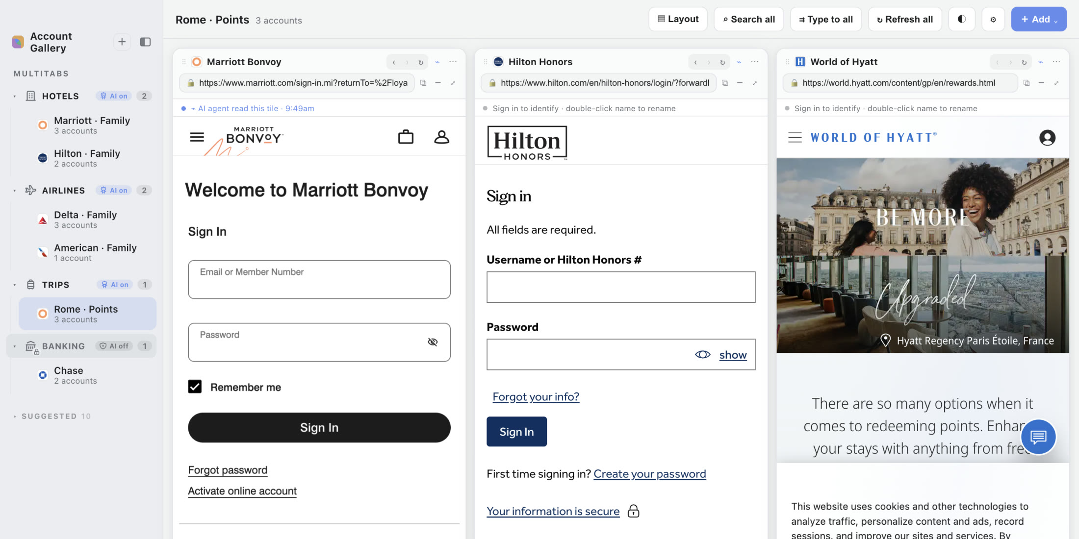 A real Atrium Browser capture: Marriott Bonvoy, Hilton Honors, and World of Hyatt open side by side.
