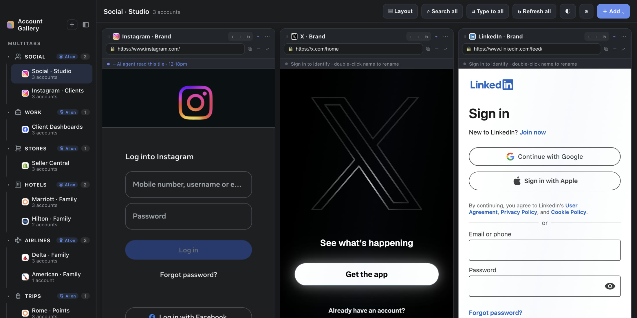 A real Atrium Browser capture, dark mode: Instagram, X, and LinkedIn open side by side.