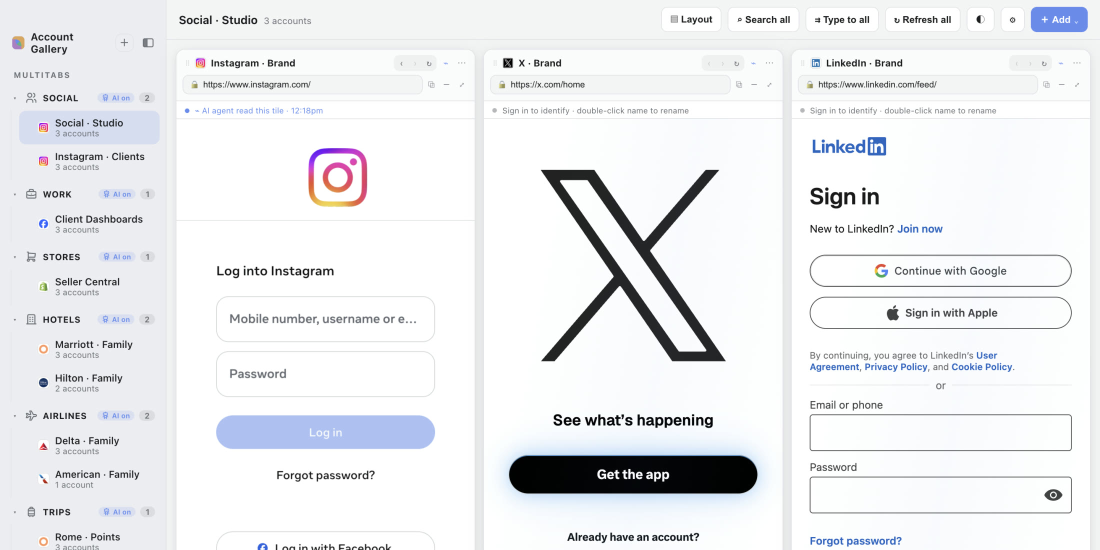 A real Atrium Browser capture: Instagram, X, and LinkedIn open side by side, each signed in.