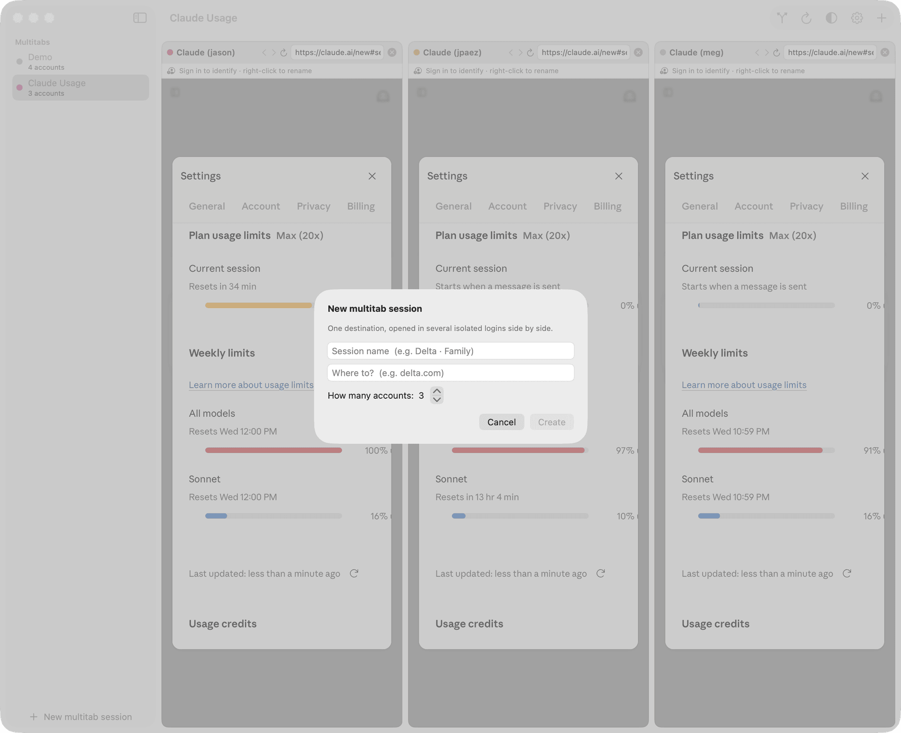 Account Gallery's New Multitab session dialog: one destination, opened in several isolated logins side by side.