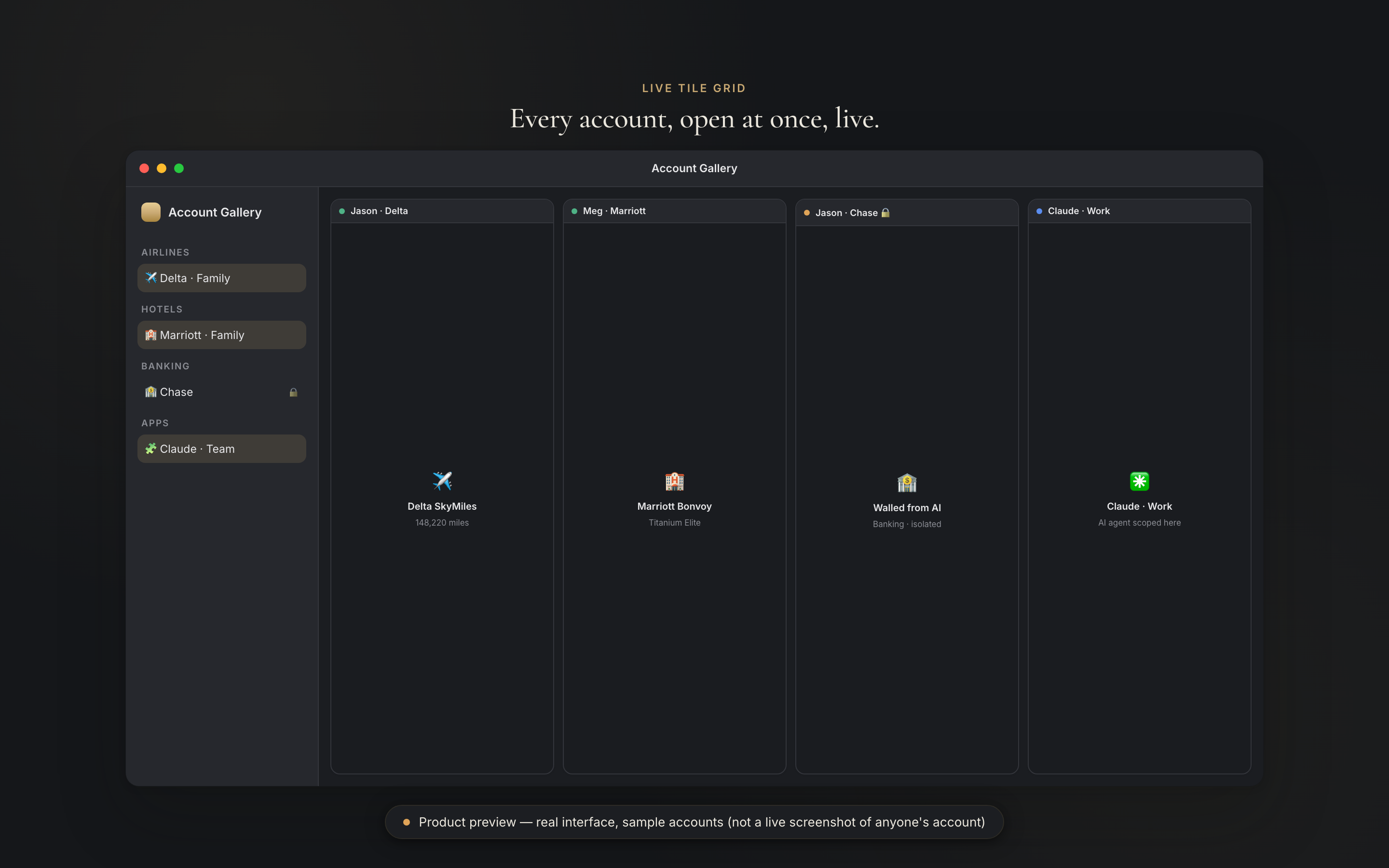Atrium Browser product preview, dark mode: four sample tiles in one live grid, including a walled Chase banking tile and a Claude · Work tile marked scoped to the AI agent.