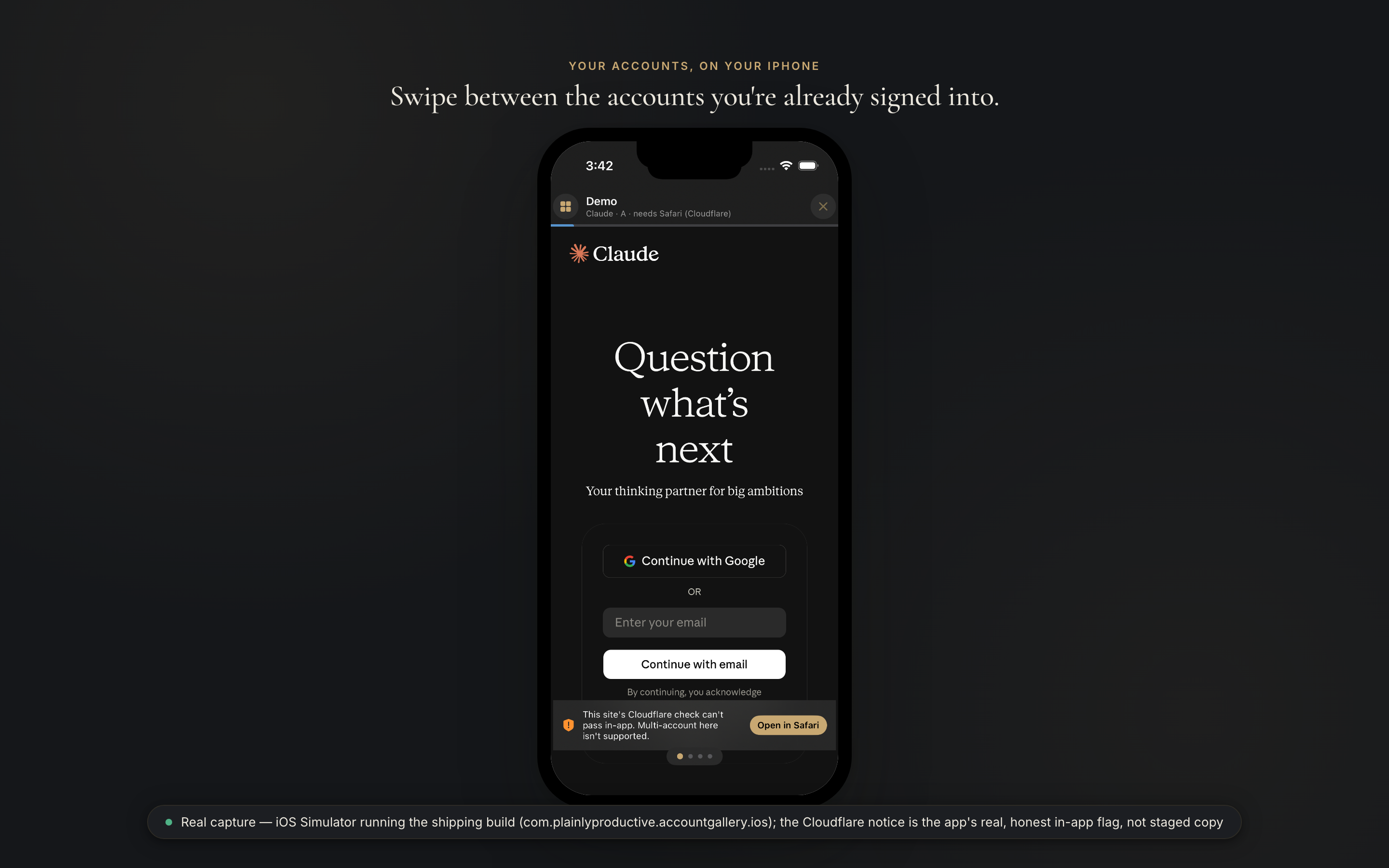Real capture from the iOS Simulator running the shipping TestFlight build, dark mode, mid-swipe to a Claude account, showing the app's own Cloudflare-in-app notice.