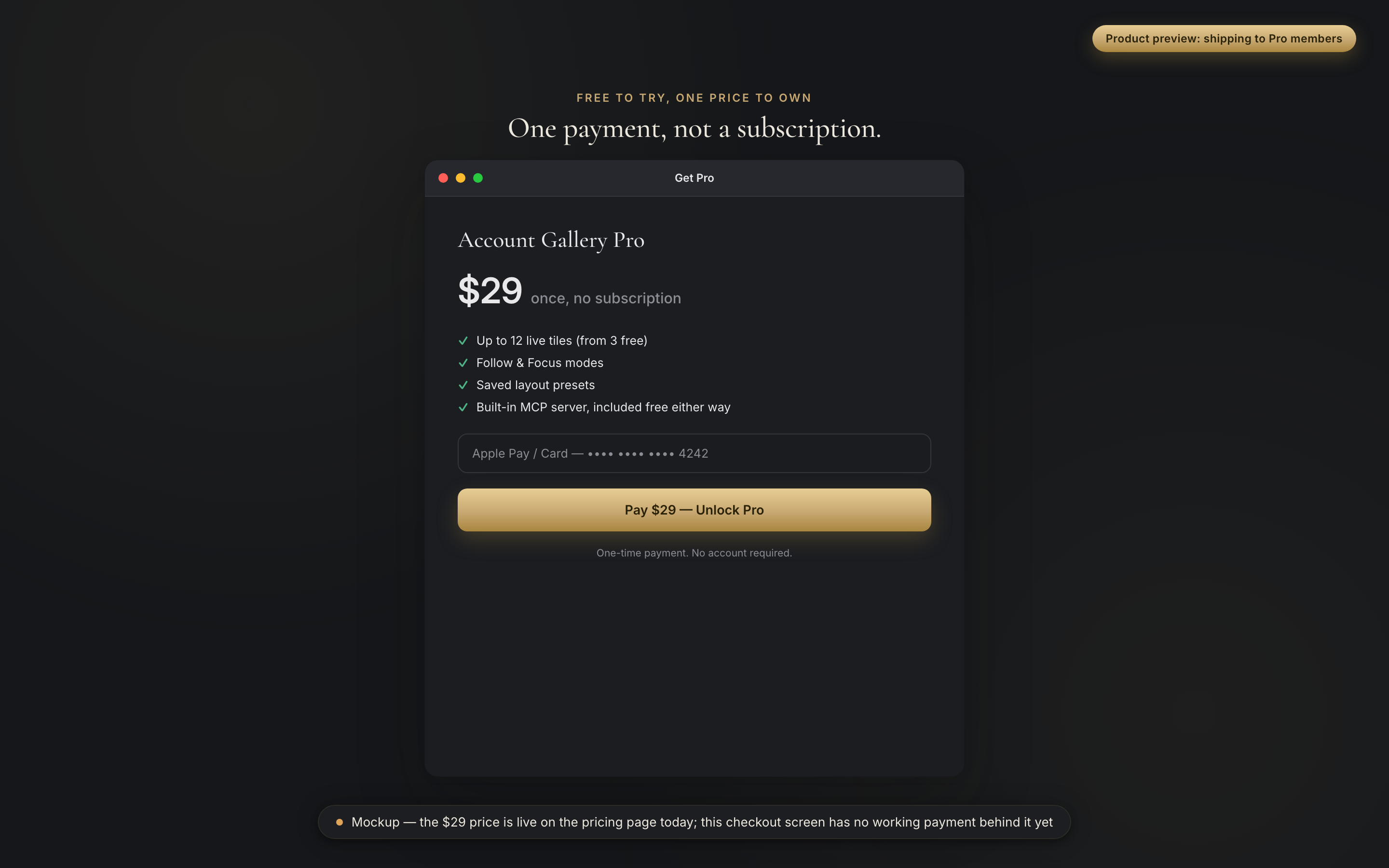 Product preview of the Get Pro checkout screen, dark mode: Atrium Browser Pro at $29 once, with a Pay button that has no working payment behind it yet.