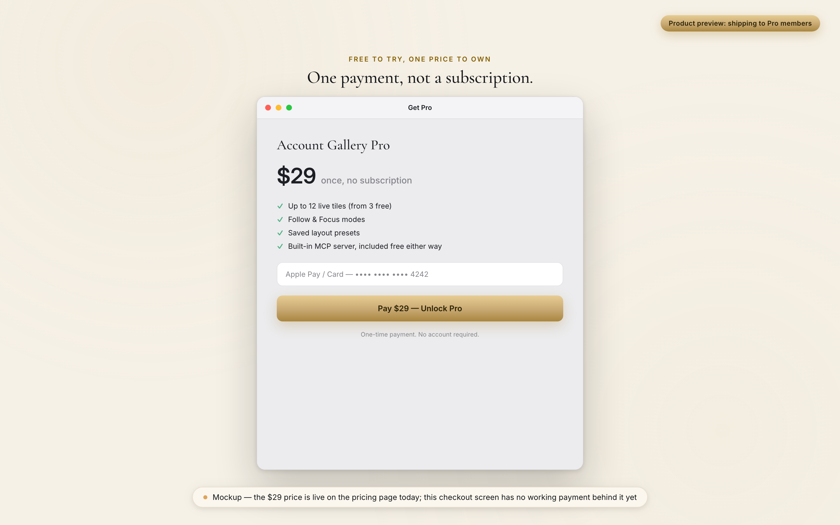 Product preview of the Get Pro checkout screen: Atrium Browser Pro at $29 once, with a Pay button that has no working payment behind it yet.